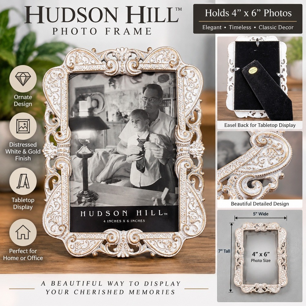 Hudson Hill Photo Frame 4x6 Ornate Distressed White Gold Tabletop Decor